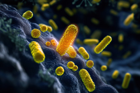 Pills encircle and target bacteria in a vibrant depiction of medical progress and innovation in combating infections.の素材