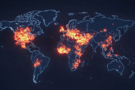 Map displays highlighted areas indicating the spread of viruses globally, pinpointing regions with significant infection rates.の素材