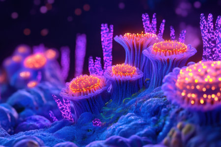 A stunning microscopic landscape showcases glowing viruses alongside colorful, intricate structures, creating an enchanting visual experience.の素材