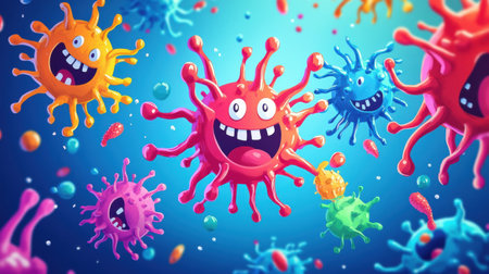 Cartoon viruses, with big smiles and bright colors, are humorously fighting antibodies in a whimsical and animated atmosphere.の素材