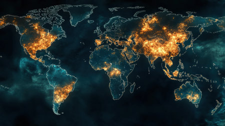 Highlighted regions on a global map display areas of significant viral spread emphasizing the impact on public health around the worldの素材