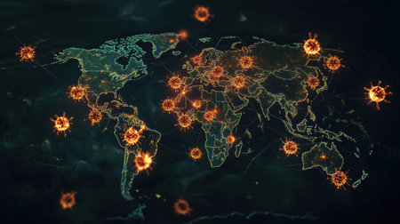 Detailed world map illustrating zones of viral spread highlighted in various regions, identifying significant areas of concern affecting populations.の素材