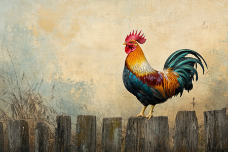 A vibrant rooster stands proudly on an aged wooden fence, showing its colorful plumage against a soft, hazy backdrop in early morning light.の素材