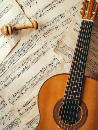 An acoustic guitar rests beside scattered sheet music and a tuning fork, indicating preparation for a practice session or performance.の素材