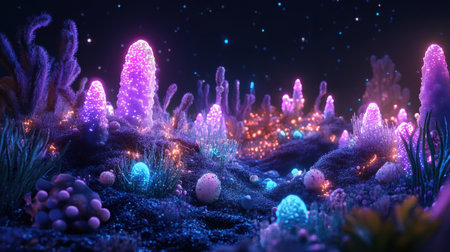 A captivating microscopic world featuring luminous viruses amidst a colorful terrain under a starry sky, evoking a sense of wonder.の素材