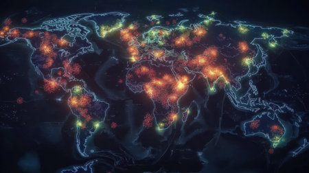 Highlighted zones represent areas of viral spread on a world map, showing global health threats and outbreaks affecting diverse populations.の素材