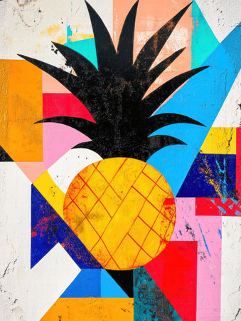 An abstract geometric pineapple stands out with bold colors and shapes, combining yellow, pink, blue, and black in an artistic arrangement.の素材