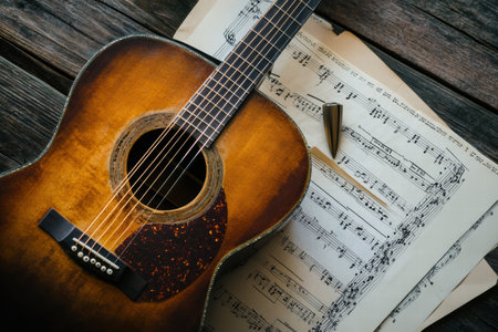 An acoustic guitar rests on a wooden table surrounded by scattered sheet music and a tuning fork, capturing the essence of music creation.の素材