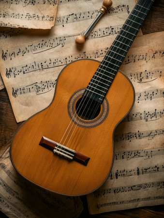 An acoustic guitar lies on a surface surrounded by scattered sheet music and a tuning fork, creating a cozy atmosphere for music creation.の素材