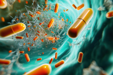 Brightly colored pills encircle and attack bacteria, showing the progress of medicine in fighting infections and improving health outcomes.の素材