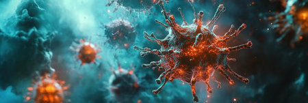 Colorful viruses are transforming and mutating in a captivating microscopic scene, illustrating their dynamic nature and constant evolution.の素材