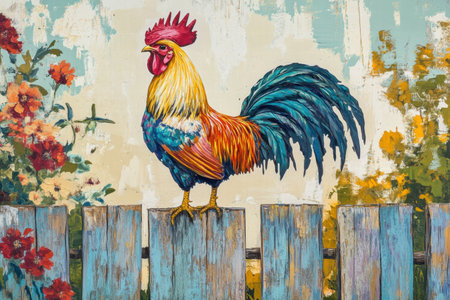 Vibrant rooster stands proudly on a weathered wooden fence surrounded by blooming flowers in a peaceful countryside scene.の素材