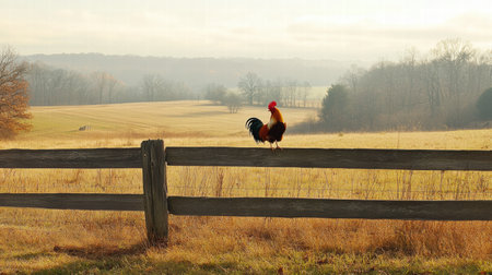 A rooster stands proudly on a wooden fence, gazing across a peaceful countryside filled with golden fields and distant trees during dawn.の素材