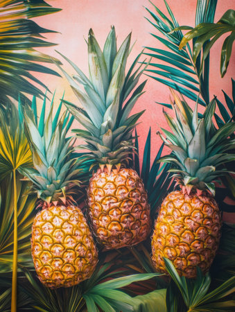 Three ripe pineapples stand proudly among green palm leaves and tropical plants, showing their vibrant colors against a bright background.の素材