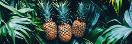 Brightly colored pineapples grow in a tropical setting, surrounded by lush green palm leaves and vibrant foliage, creating a serene atmosphere.の素材