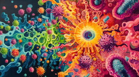 Colorful depiction of a virus undergoing transformation, illustrating its complex mutation process and dynamic interactions at a cellular level.の素材