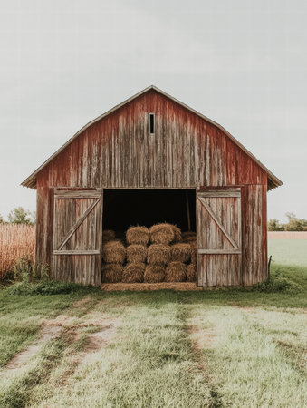A rustic barn stands weathered and worn, its doors wide open to display neatly stacked bundles of hay inside on a clear day.の素材