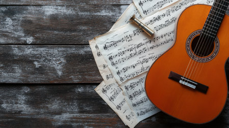 An acoustic guitar rests beside scattered sheet music and a tuning fork on weathered wood, inspiring musical creativity.の素材