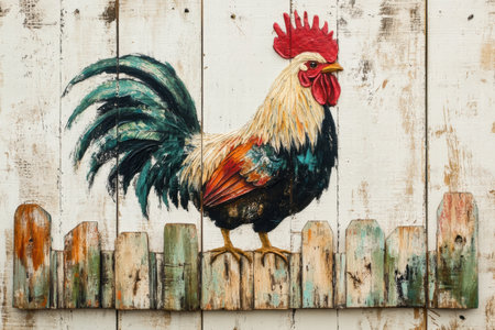 A majestic rooster with colorful plumage is perched on a weathered wooden fence in a tranquil rural environment, embodying farm life.の素材