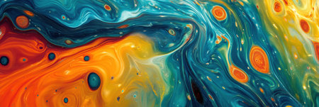 Swirling patterns and vivid colors depict bacteria and microbes moving fluidly through a liquid medium, creating a lively and dynamic atmosphere.の素材