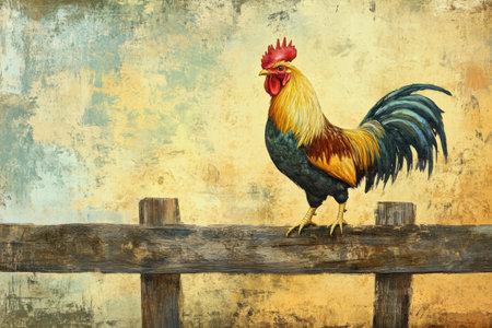 A vibrant rooster stands proudly on a wooden fence, showing its colorful feathers as the soft light of dawn bathes the background.の素材