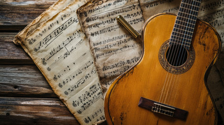 An acoustic guitar rests beside scattered sheet music and a tuning fork, inviting creativity and musical experimentation on a weathered wooden table.の素材