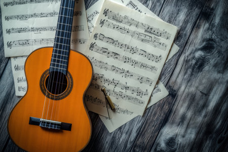 Acoustic guitar rests on a wooden table, accompanied by scattered sheet music and a tuning fork, inviting musical creativity and practice.の素材