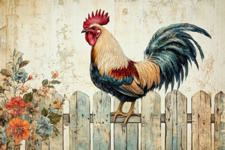 A vibrant rooster stands proudly on a rustic wooden fence adorned with blooming flowers at early dawn, showing its striking feathers.の素材