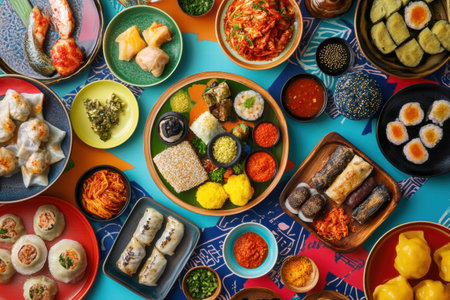 Enjoy a diverse array of traditional Korean dishes including kimchi, bibimbap, and steamed dumplings displayed on a lively table.の素材
