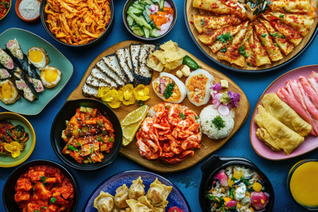 Traditional Korean dishes like kimchi, bibimbap, and dumplings shine with vibrant colors and textures at festive meals.の素材