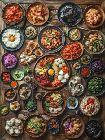 A colorful assortment of traditional Korean dishes is arranged beautifully, showcasing kimchi, bibimbap, dumplings, and more for sharing.の素材