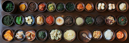 A colorful array of traditional Korean dishes showcases kimchi, bibimbap, and dumplings, perfect for sharing at a lively gathering.の素材