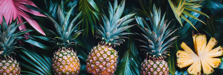 A group of ripe pineapples is surrounded by lush palm trees and vibrant tropical plants, creating a lively and colorful environment.の素材