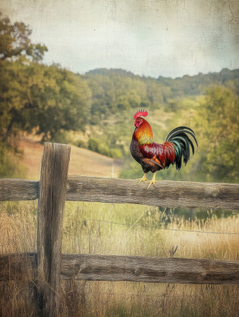 A colorful rooster stands proudly on a wooden fence, surveying its surroundings in a serene countryside landscape filled with hills and trees.の素材