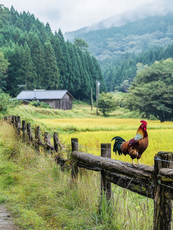 A colorful rooster stands on a wooden fence in a peaceful countryside, surrounded by lush greenery and golden fields under soft morning light.の素材