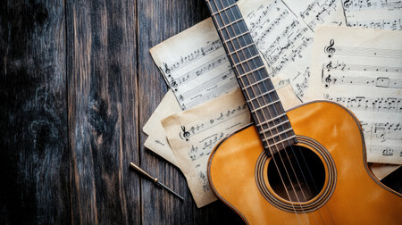 An acoustic guitar rests beside scattered sheet music and a tuning fork, creating a serene atmosphere for music practice in a cozy setting.の素材