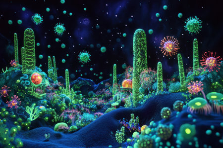 A lively microscopic panorama reveals a dazzling array of glowing viruses interspersed among unique vibrant structures in stunning detail.の素材