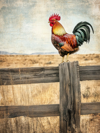 A vibrant rooster stands tall on a wooden fence, showcasing colorful feathers against a calm countryside backdrop under a cloudy sky.の素材