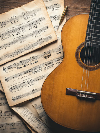An acoustic guitar rests beside scattered sheet music and a tuning fork on a wooden table, ready for music creation and practice.の素材