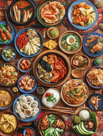 A colorful display of traditional Korean dishes features kimchi, bibimbap, steamed dumplings, and various sides enjoyed during a festive meal.の素材