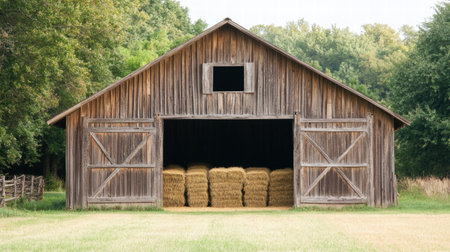 Weathered barn doors stand wide open, showcasing neatly stacked hay bales inside under bright sunlight in a tranquil countryside.の素材