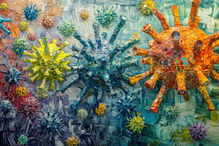 An artistic piece depicts viruses transforming and mutating in vivid colors and patterns, highlighting microscopic activity.の素材