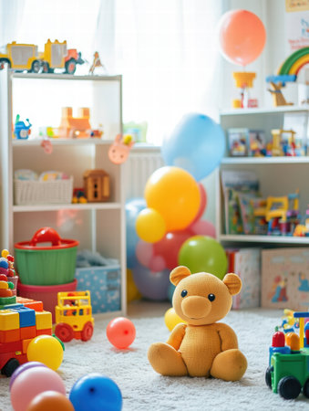 Brightly colored toys and balloons fill a cheerful playroom, inviting children to explore and engage in fun imaginative play with friendsの素材