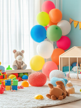 Bright and inviting playroom features various colorful toys and cheerful balloons, creating a perfect space for children to explore and play.の素材