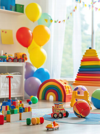 Brightly colored toys and cheerful balloons fill the playroom, inviting children to engage in imaginative play and creativity.の素材
