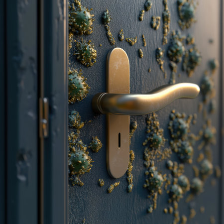 This close up depicts the presence of microbes on commonly touched surfaces like door handles and smartphones, illustrating potential health risks.の素材