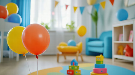 Bright balloons and colorful toys fill the playful room, encouraging creativity and joy during playtime for children and toddlers.の素材