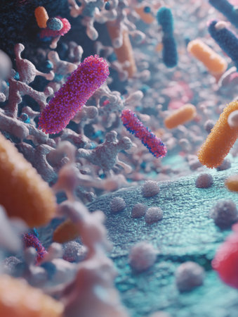 This close up reveals colorful microbes populating everyday surfaces like smartphones and door handles, highlighting hygiene issues.の素材