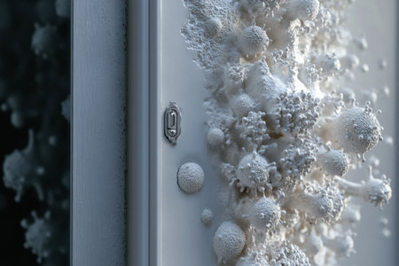Microscopic life forms cover surfaces like door handles and smartphones, highlighting the prevalence of germs in daily surroundings.の素材