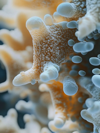 Close up view showcases various microbes thriving on everyday surfaces, highlighting the hidden life in our daily environments.の素材